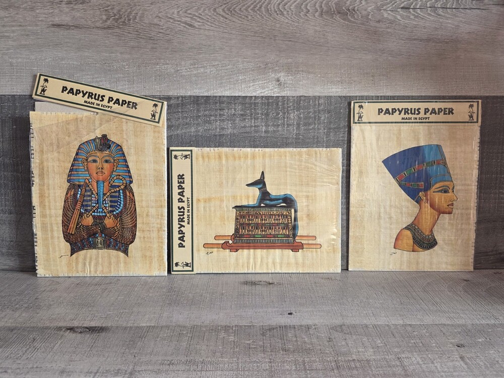 VTG Nefertiti Profile Painting On Papyrus Signed Lot Of 3 Egyptian Expherma b101